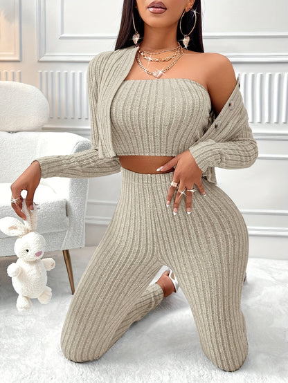 Textured Matching 3-pieces Set, Casual Long Sleeve Button Front Cardigan & Slim Tube Top & Skinny Pants Outfits, Women's Clothing MyFave Boutique