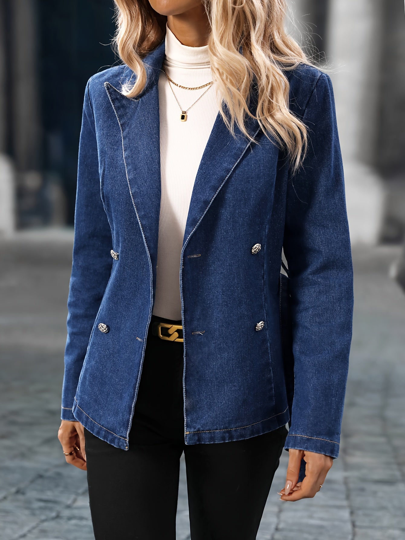 Adjustable Blet Lapel Plain Dark Washed Blue Elegant Style Denim Jacket Coat, Women's Denim Jeans & Clothing MyFave Boutique