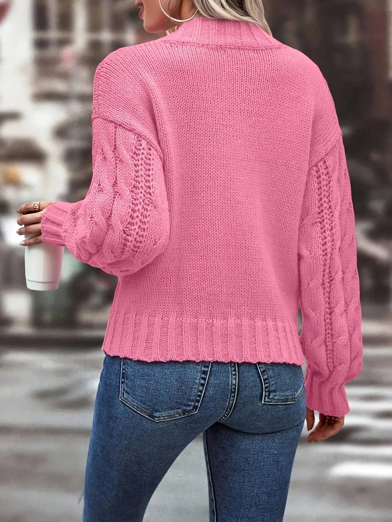 Solid V Neck Cable Knit Sweater, Casual Long Sleeve Sweater For Fall & Winter, Women's Clothing MyFave Boutique