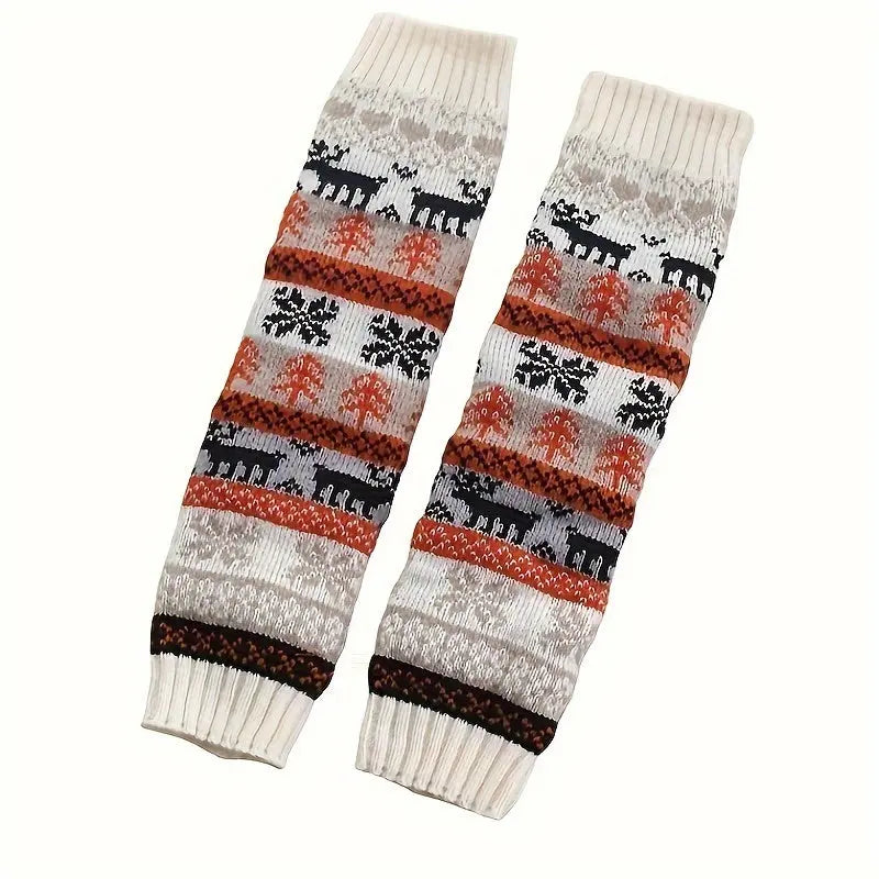 Christmas Elk & Snowflake Leg Warmers, Warm Knitted Knee High Boots Socks For Fall & Winter, Women's Stockings & Hosiery MyFave Boutique