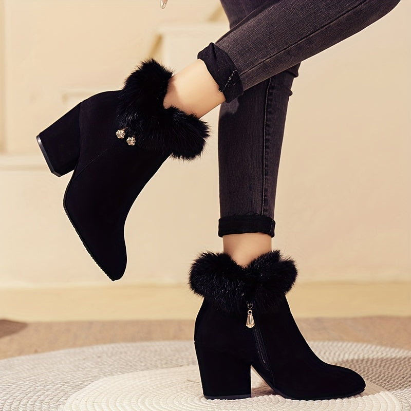 Women's Solid Color Lined Boots, Side Zipper Chunky Heel Fluffy Warm Boots, Winter Plush Comfy Shoes MyFave Boutique