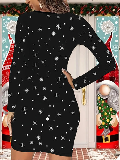 Elegant Polyester Knit Bodycon Dress with Santa Print - Crew Neck Long Sleeve Christmas Holiday Women's Dress MyFave Boutique