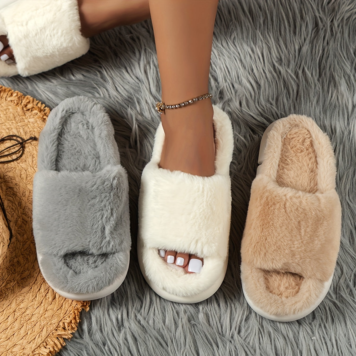 Comfy and Warm Furry House Slippers with Open Toe and Single Band Platform MyFave Boutique