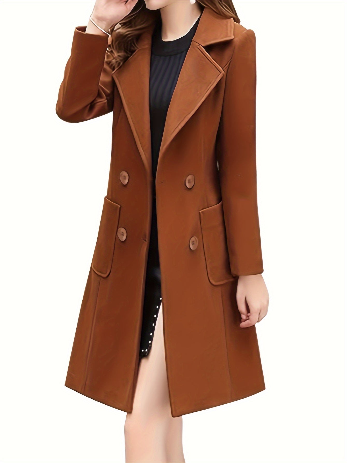 Women Wool Blend Winter Mid Long Coat Notch Double-Breasted Lapel Jacket Outwear MyFave Boutique