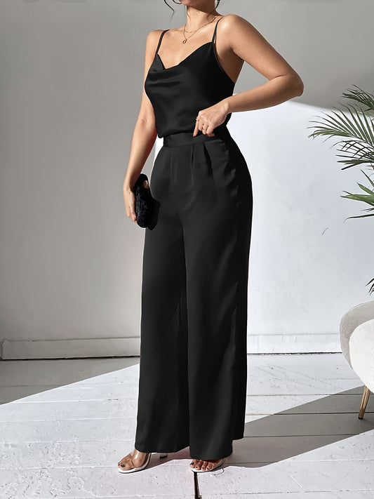 Elegant Solid Color Pantsuits, Cowl Neck Sleeveless Cami Top & High Waist Wide Leg Pants Outfits, Women's Clothing MyFave Boutique