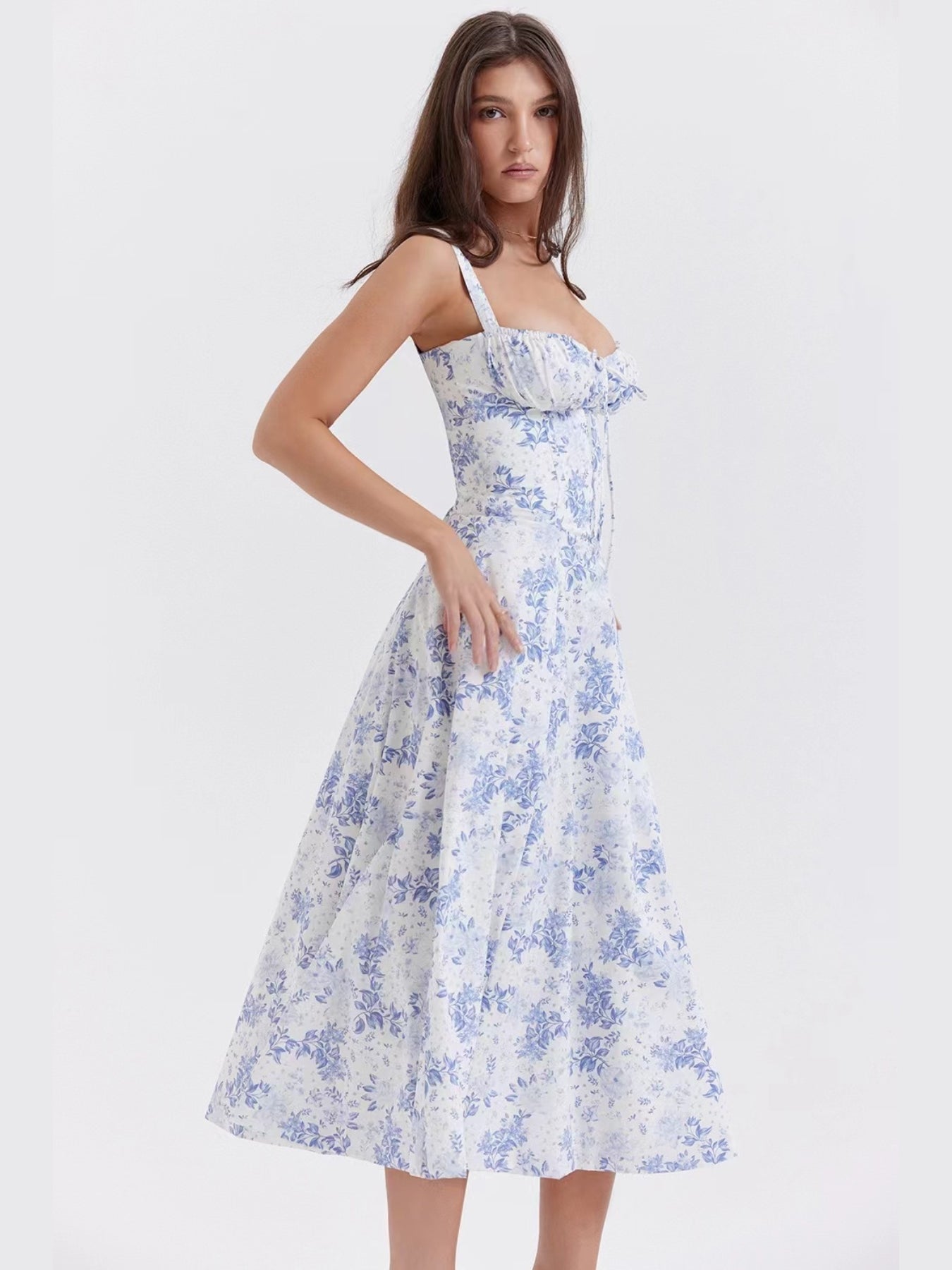 Women's Floral Print High-Low Midi Dress with Spaghetti Straps and Sweetheart Neckline for Summer Elegance MyFave Boutique