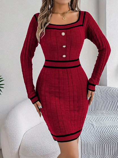 Elegant Striped Knit Bodycon Dress with Button Detail - Square Neck, Long Sleeve, Perfect for Fall & Winter - Women's Fashion MyFave Boutique