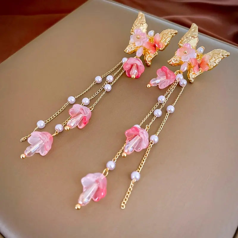 Elegant Butterfly & Flower Tassel Earrings with Crystal & Pearl Accents - Chic 925 Silvery Posts, Perfect for Everyday & Party Wear MyFave Boutique