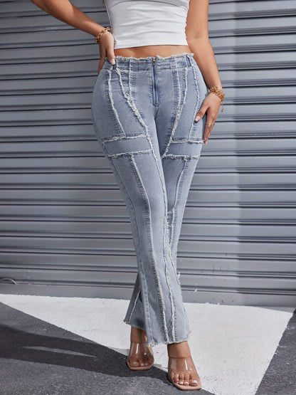 Raw Trim High Waist Flare Leg Washed Blue Bell Bottom Jeans, Women's Denim Jeans & Clothing MyFave Boutique