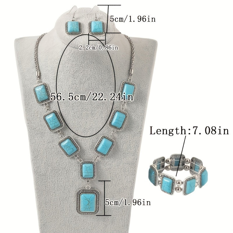 3-Piece Vintage Turquoise Jewelry Set - Timeless Elegance With Handcrafted Necklace+Earrings+Bracelet, Statement Bohemian Charm Jewelry Set- Perfect For Daily Outfits And Parties MyFave Boutique