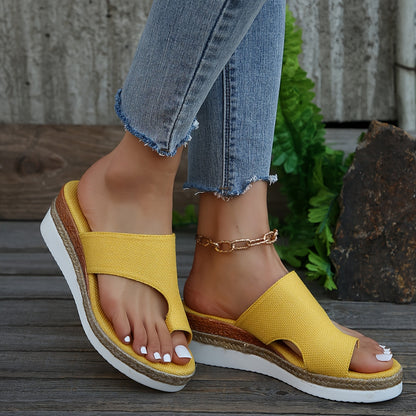 Women's Toe Loop Wedge Sandals, Stylish Open Toe Slip On Summer Shoes, Versatile Outdoor Vacation Slide Sandals MyFave Boutique