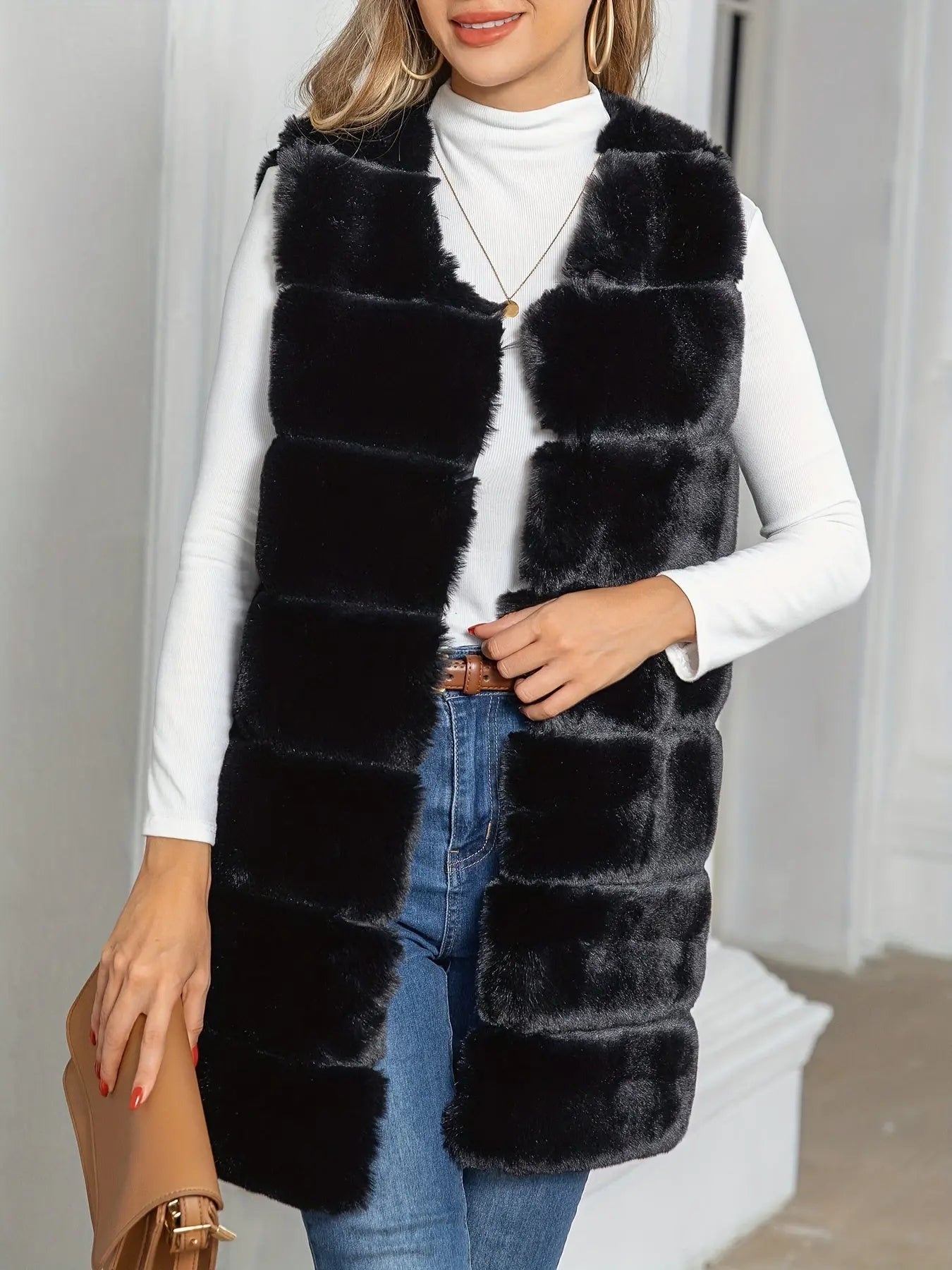 Fuzzy Solid Open Front Vest, Casual Sleeveless Winter Vest, Women's Clothing MyFave Boutique