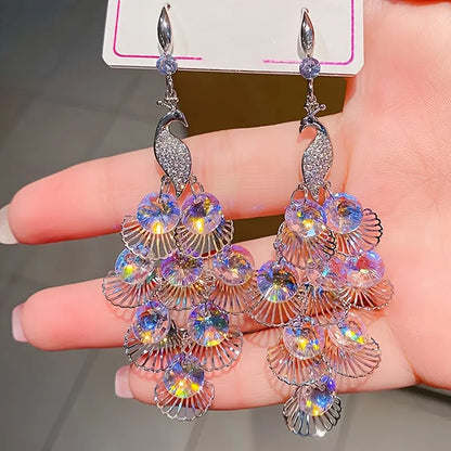 Elegant Peacock Crystal Drop Earrings with Silvery HollowLeaf Tassels - Gorqeous Rhinestone Accents, Suitable for daily and party wear MyFave Boutique