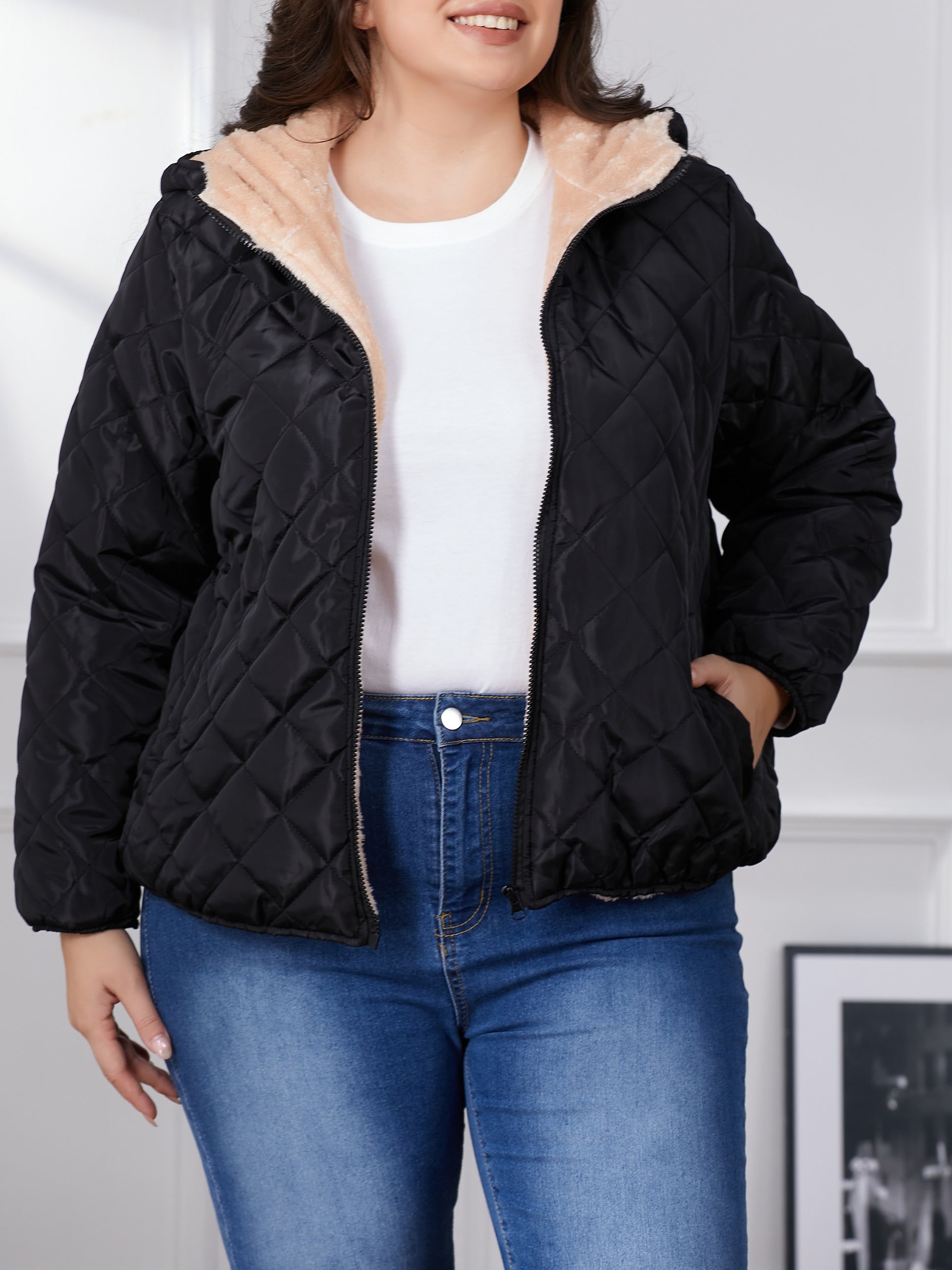 Plus Size Color Block Quilted Pocket Coat, Casual Fuzzy Hooded Long Sleeve Full Zipper Coat For Winter, Women's Plus Size Clothing MyFave Boutique