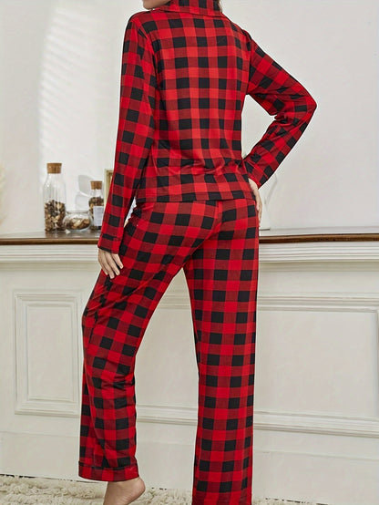 Cozy Red Plaid Women's Pajama Set - Long Sleeve Button-Up Top & Elastic Waist Pants, Casual Loungewear For Fall/Winter MyFave Boutique