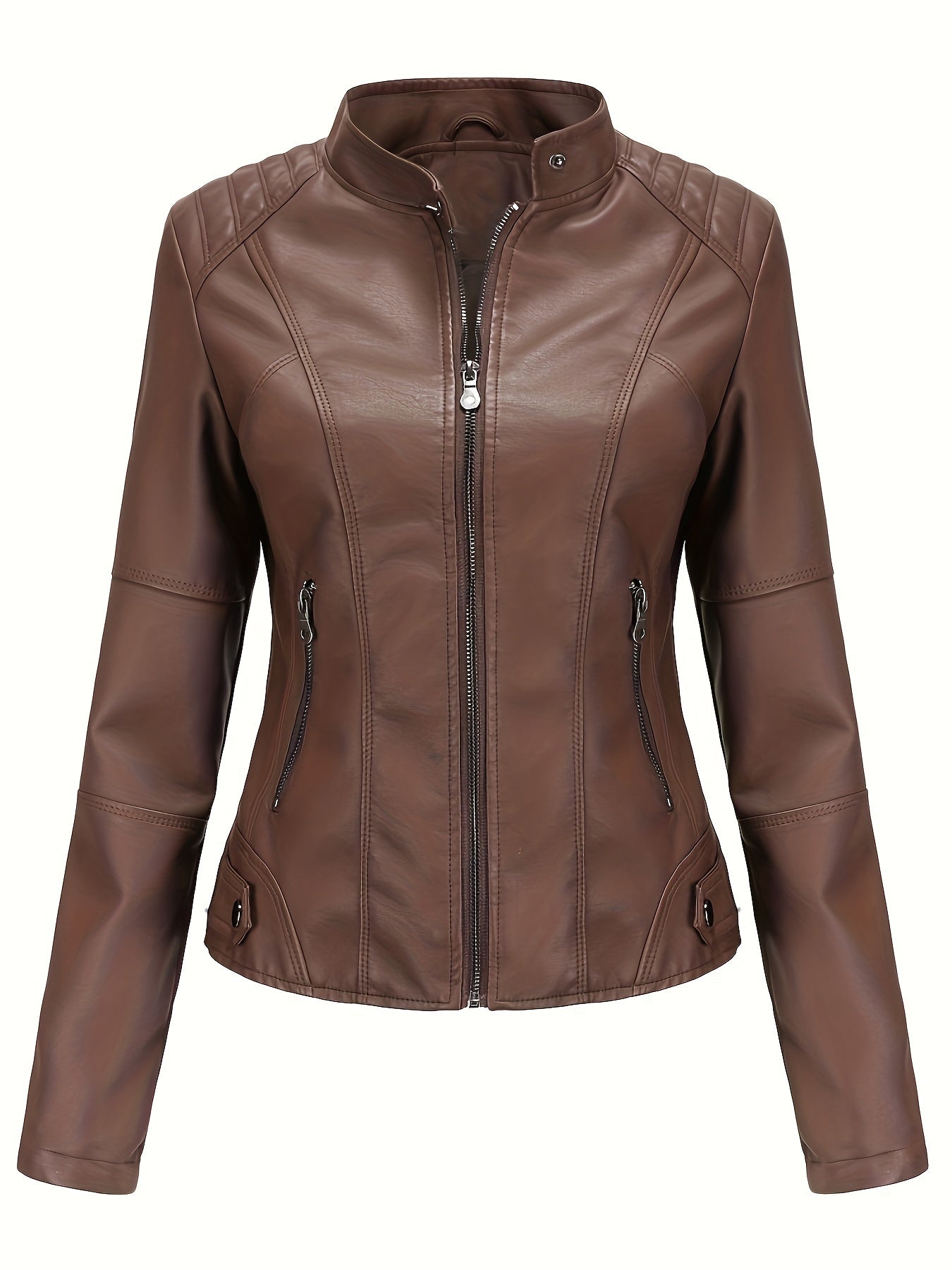 Faux Leather Zip Up Moto Jacket, Stylish Stand Collar Long Sleeve Jacket With Pocket, Women's Clothing MyFave Boutique