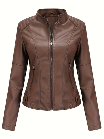 Faux Leather Zip Up Moto Jacket, Stylish Stand Collar Long Sleeve Jacket With Pocket, Women's Clothing MyFave Boutique