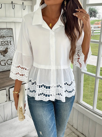 Eyelet Embroidered Button Front Blouse, Casual Three-quarter Sleeve Blouse For Spring & Summer, Women's Clothing MyFave Boutique