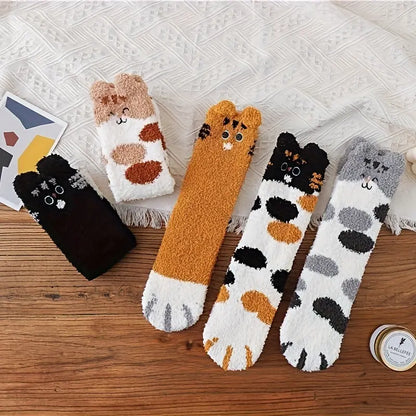 Women's Cozy Cartoon Cat Claw Slipper Socks - 5 Pairs, Knee-Length, Polyester and Spandex Blend, Warm Plush Coral Fleece, Knit Fabric, Home Lounge Winter Fluffy Socks - Hand Wash/Dry Clean MyFave Boutique