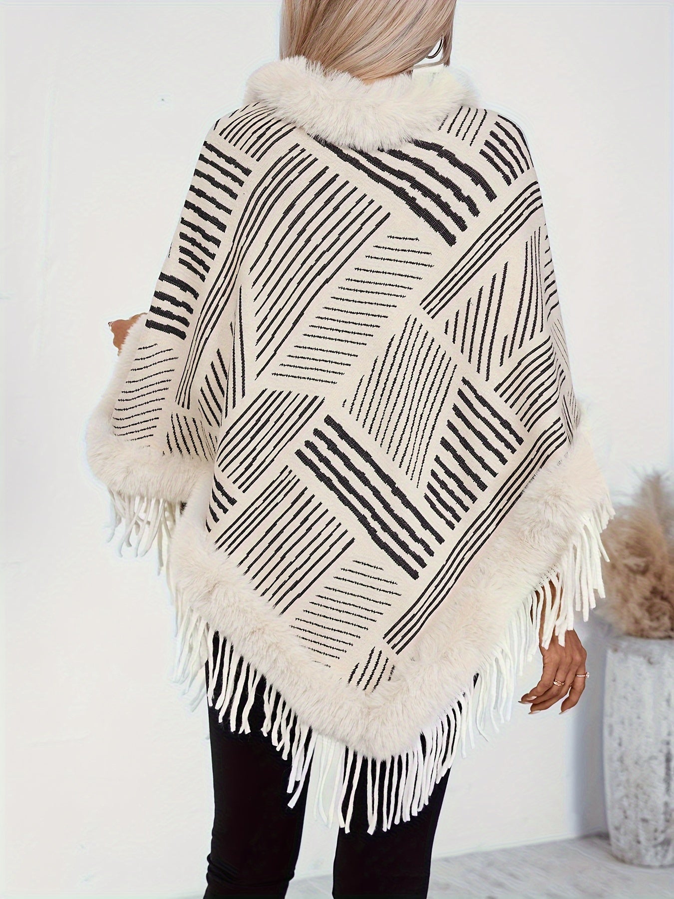 Stripe Pattern Fringe Hem Fuzzy Trim Poncho, Elegant Thermal Hanky Hem Crew Neck Cape For Fall & Winter, Women's Clothing MyFave Boutique