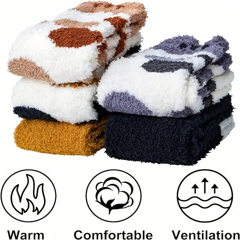 Women's Cozy Cartoon Cat Claw Slipper Socks - 5 Pairs, Knee-Length, Polyester and Spandex Blend, Warm Plush Coral Fleece, Knit Fabric, Home Lounge Winter Fluffy Socks - Hand Wash/Dry Clean MyFave Boutique