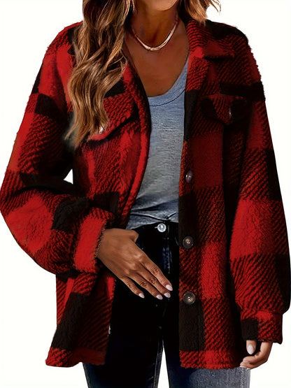 Cozy Plaid Fuzzy Jacket - Soft, Warm, And Stylish Long Sleeve Outerwear With Button Front Closure For Women - Perfect For Fall And Winter Casual Wear MyFave Boutique