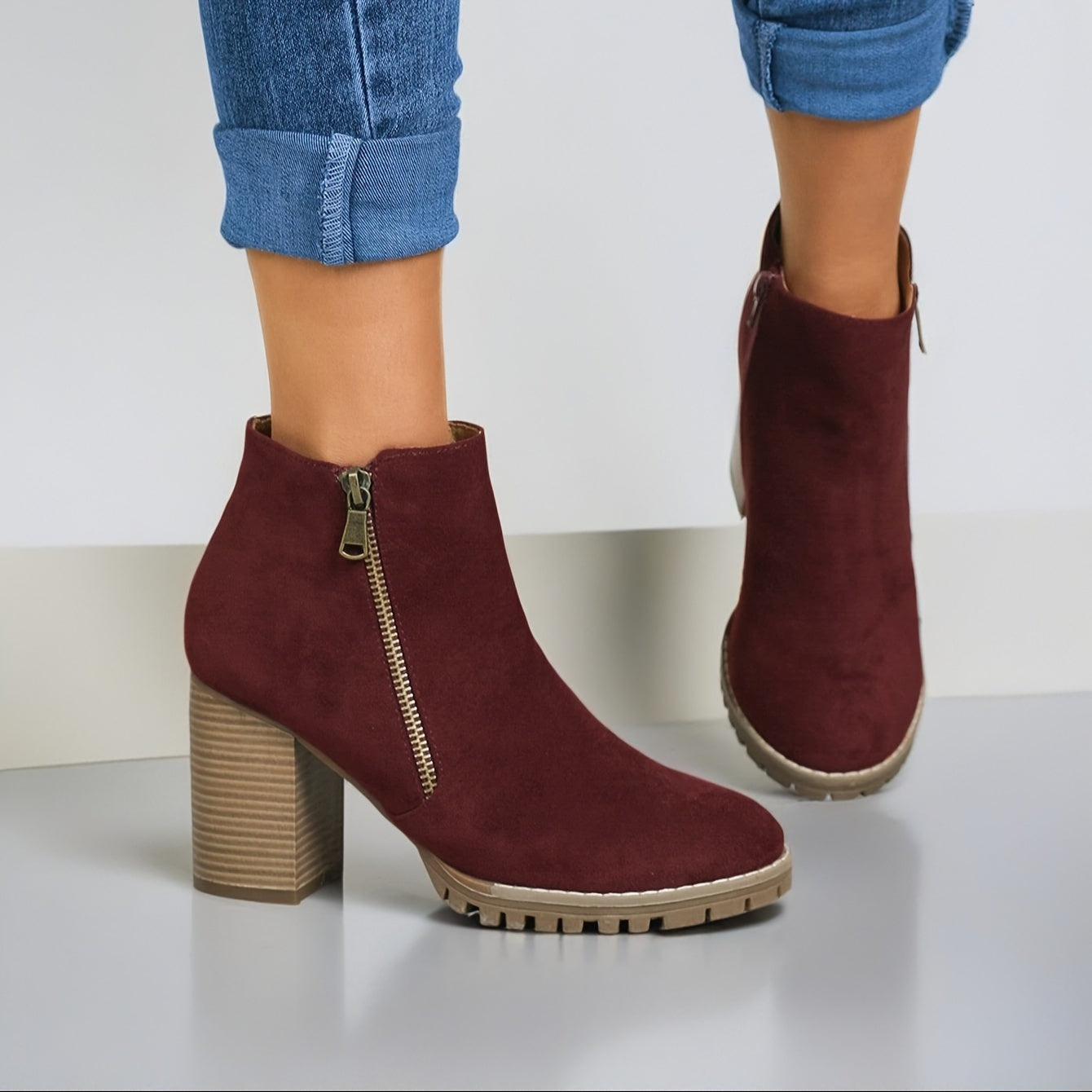 Women's Short Boots, Casual Thick Heels, Women's Suede Poppy Patterned Flanged Sole, Zipper And Ankle Boots MyFave Boutique