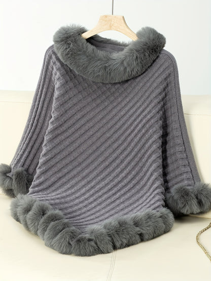 Faux Fur Trim Pullover Sweater, Casual Batwing Sleeve Irregular Hem Warm Sweater For Fall & Winter, Women's Clothing MyFave Boutique