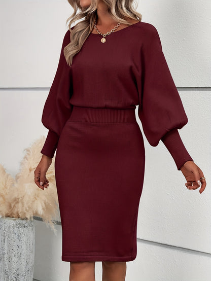 Autumn And Winter Solid Color Lantern Sleeve Waist Sweater Dress MyFave Boutique