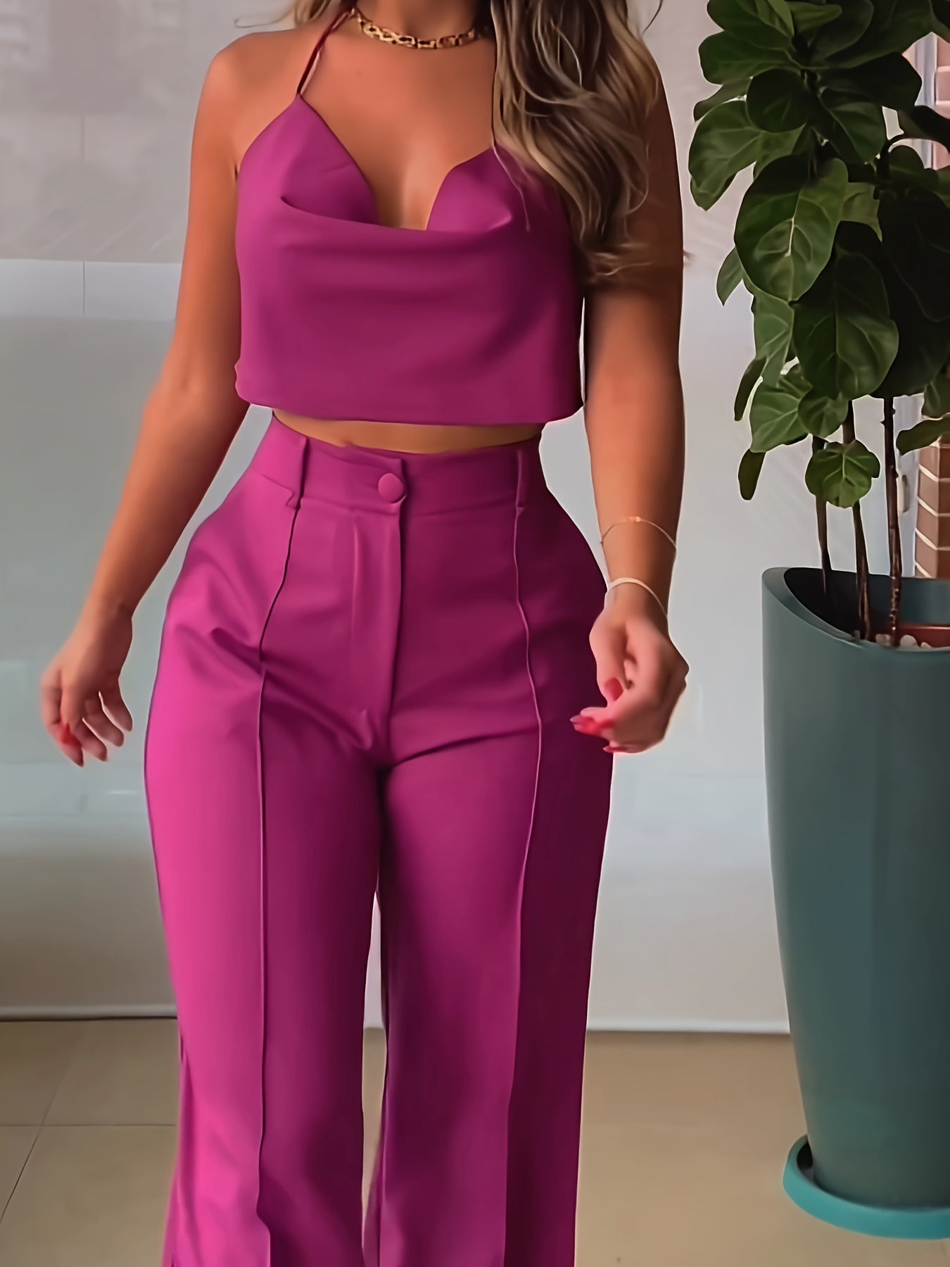 Solid Elegant Two Piece Set, Cowl Neck Backless Halter Top & High Waist Pocket Wide Leg Pants Outfits, Women's Clothing MyFave Boutique