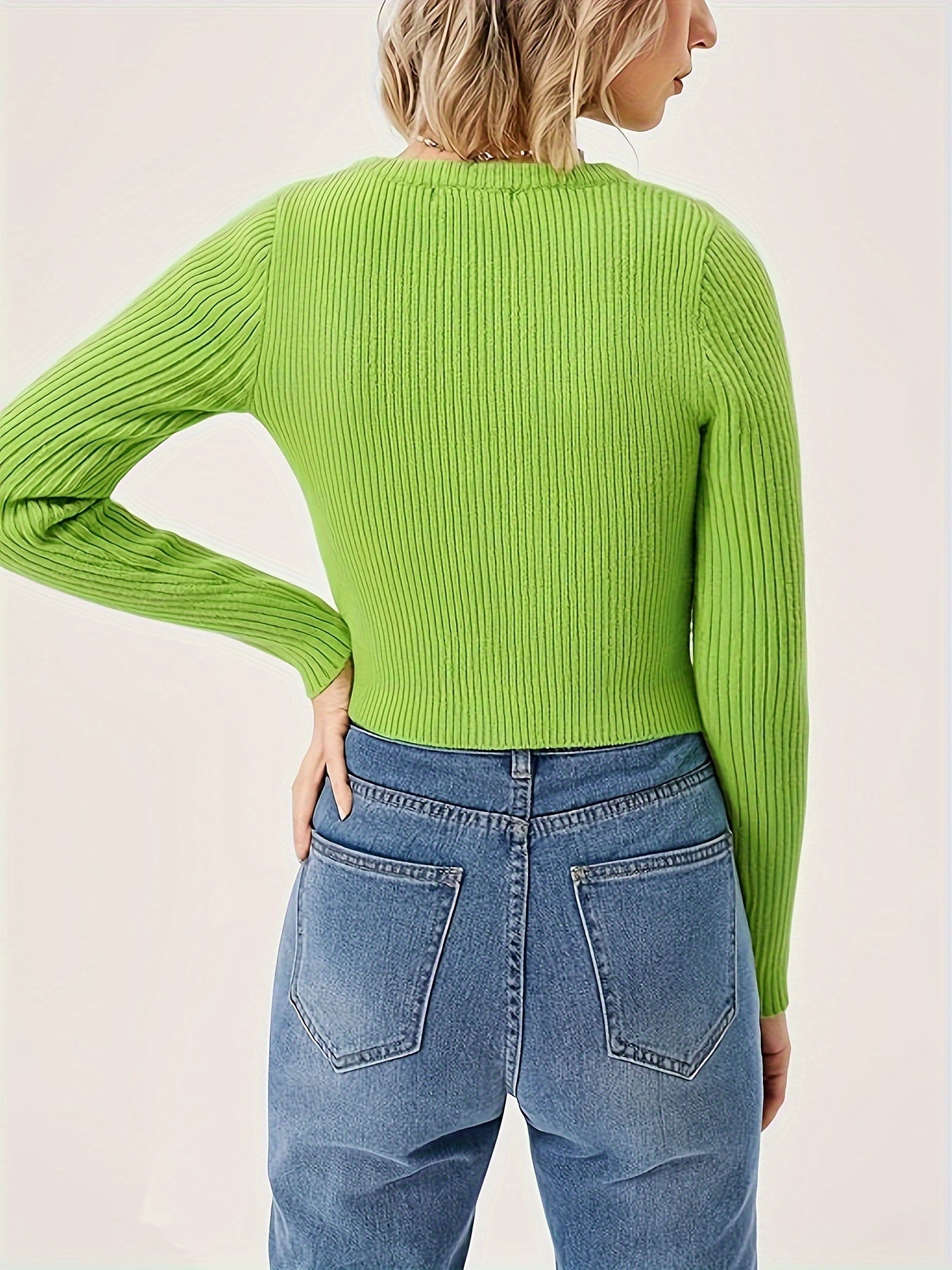 Solid Color Crew Neck Pullover Sweater, Sexy Long Sleeve Hollow Out Knitted Sweater For Fall & Winter, Women's Clothing MyFave Boutique