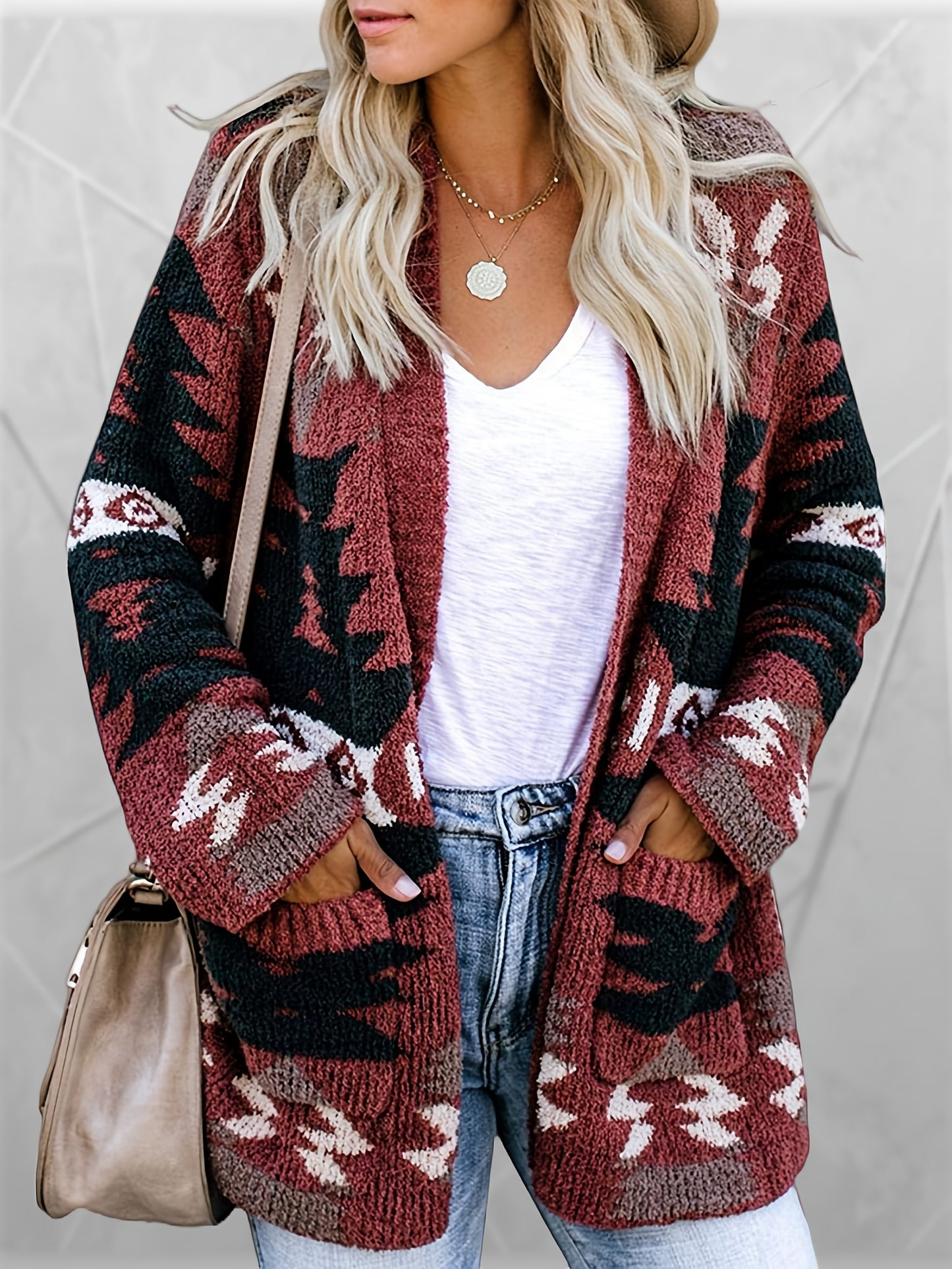 Women's Knitted Open Front Cardigan with Side Pockets - Patterned, Long Sleeve, Casual Top for Winter & Fall MyFave Boutique