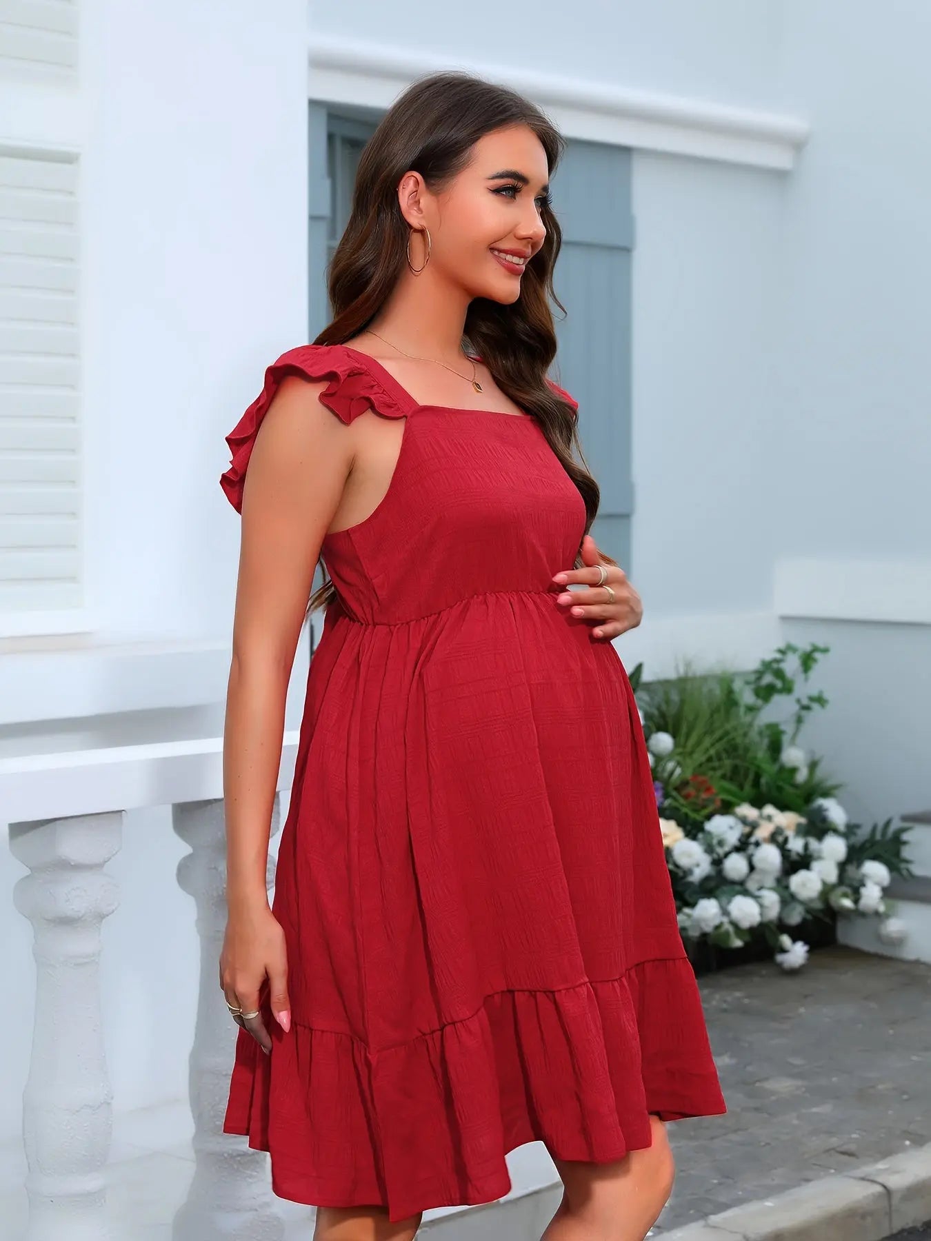 Women's Maternity Solid Flying Sleeve Dress With Bow Knot, Gender Reveal MyFave Boutique