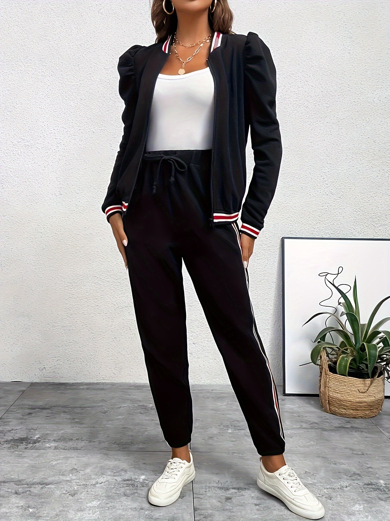 Women's Casual Polyester Pants Set With Drawstring Waist, Round Neck, And Ribbed Cuffs, Perfect For Autumn And Winter MyFave Boutique