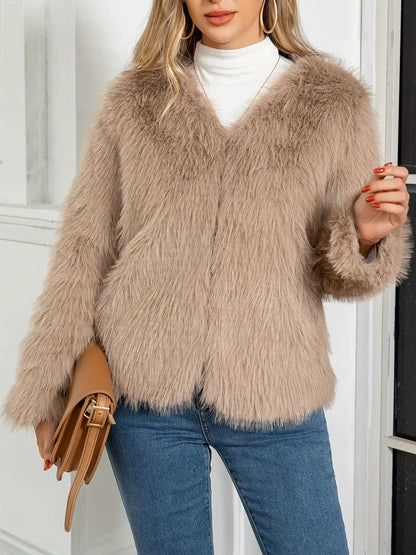 Solid Open Front Furry Cost, Elegant Long Sleeve Coat For Winter, Women's Clothing MyFave Boutique