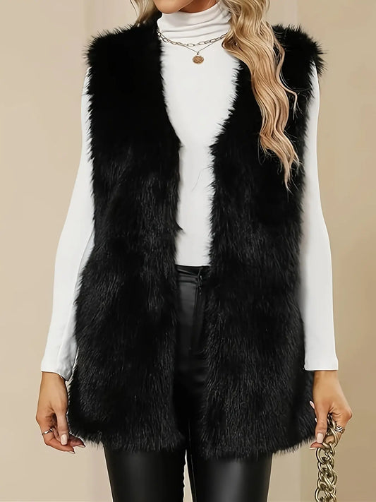 Faux Fur Open Front Fuzzy Vest, Elegant Stylish Sleeveless Warm Outerwear For Fall & Winter, Women's Clothing MyFave Boutique