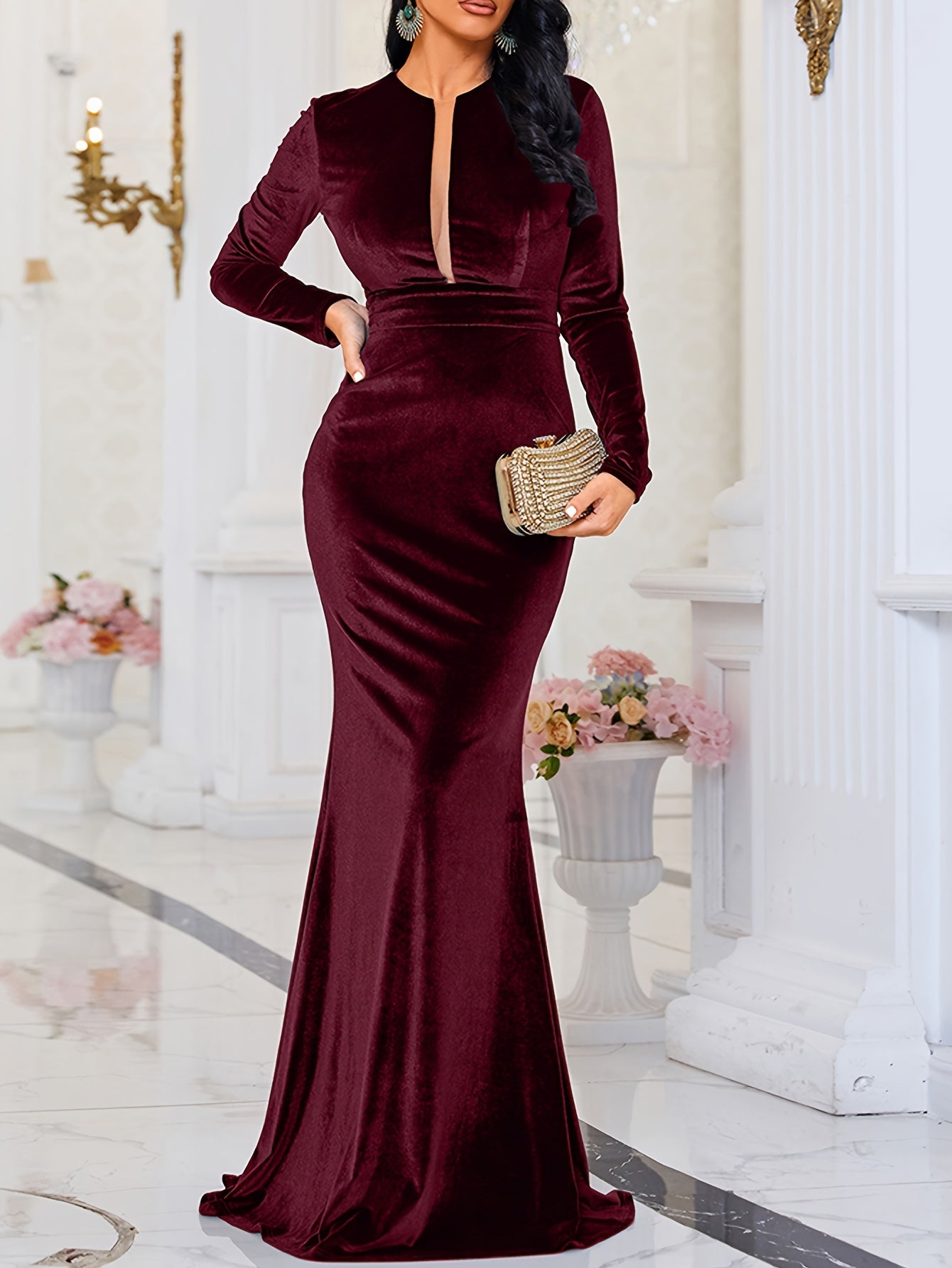 Plunge Neck Mermaid Dress, Elegant Long Sleeve Natural Waist Fit & Flare Dress For Party & Banquet, Women's Clothing MyFave Boutique