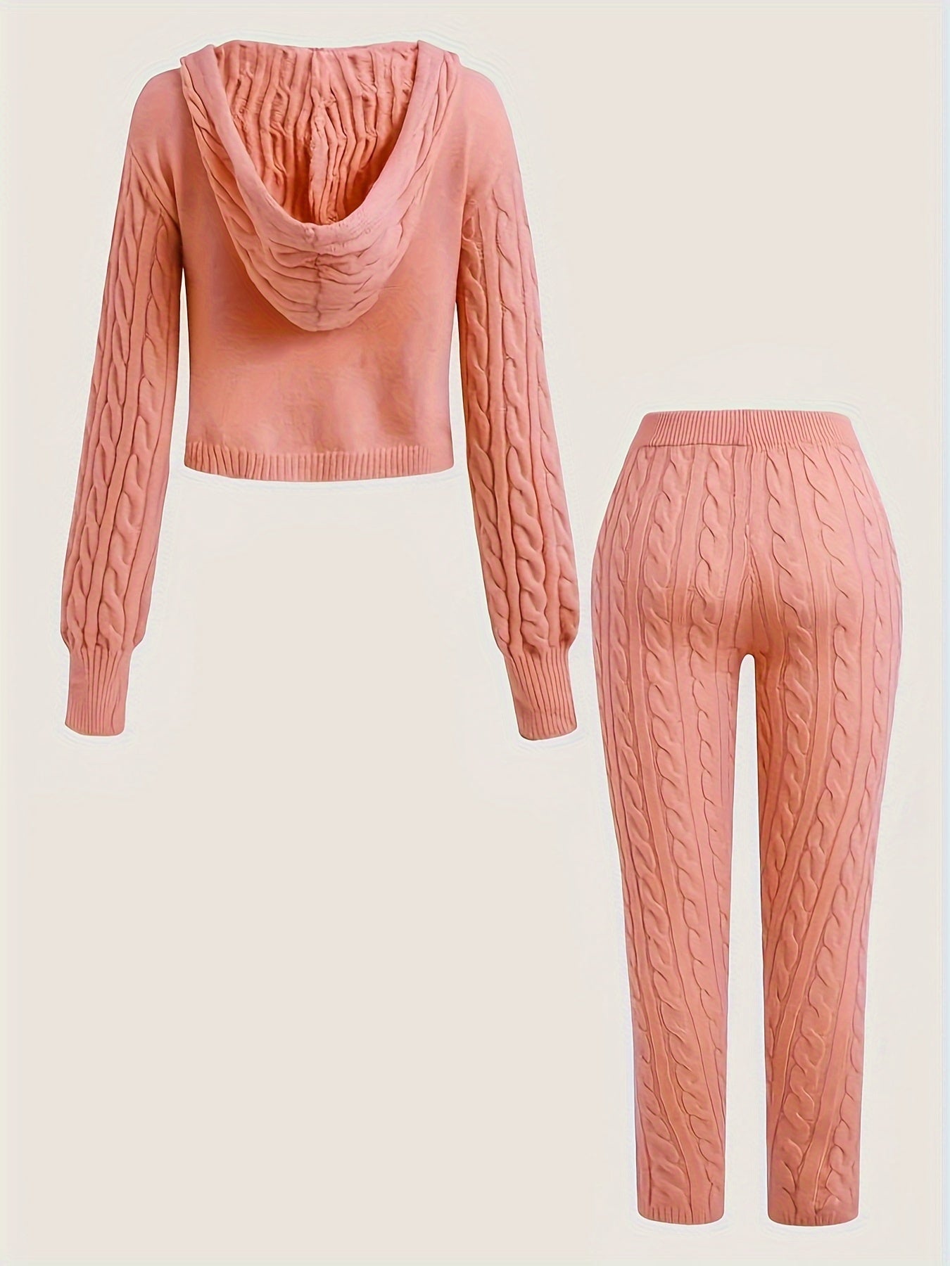 Solid Knitted Two-piece Set, Long Sleeve Zip Up Hooded Cardigan & Elastic Waist Pants Outfits, Women's Clothing MyFave Boutique