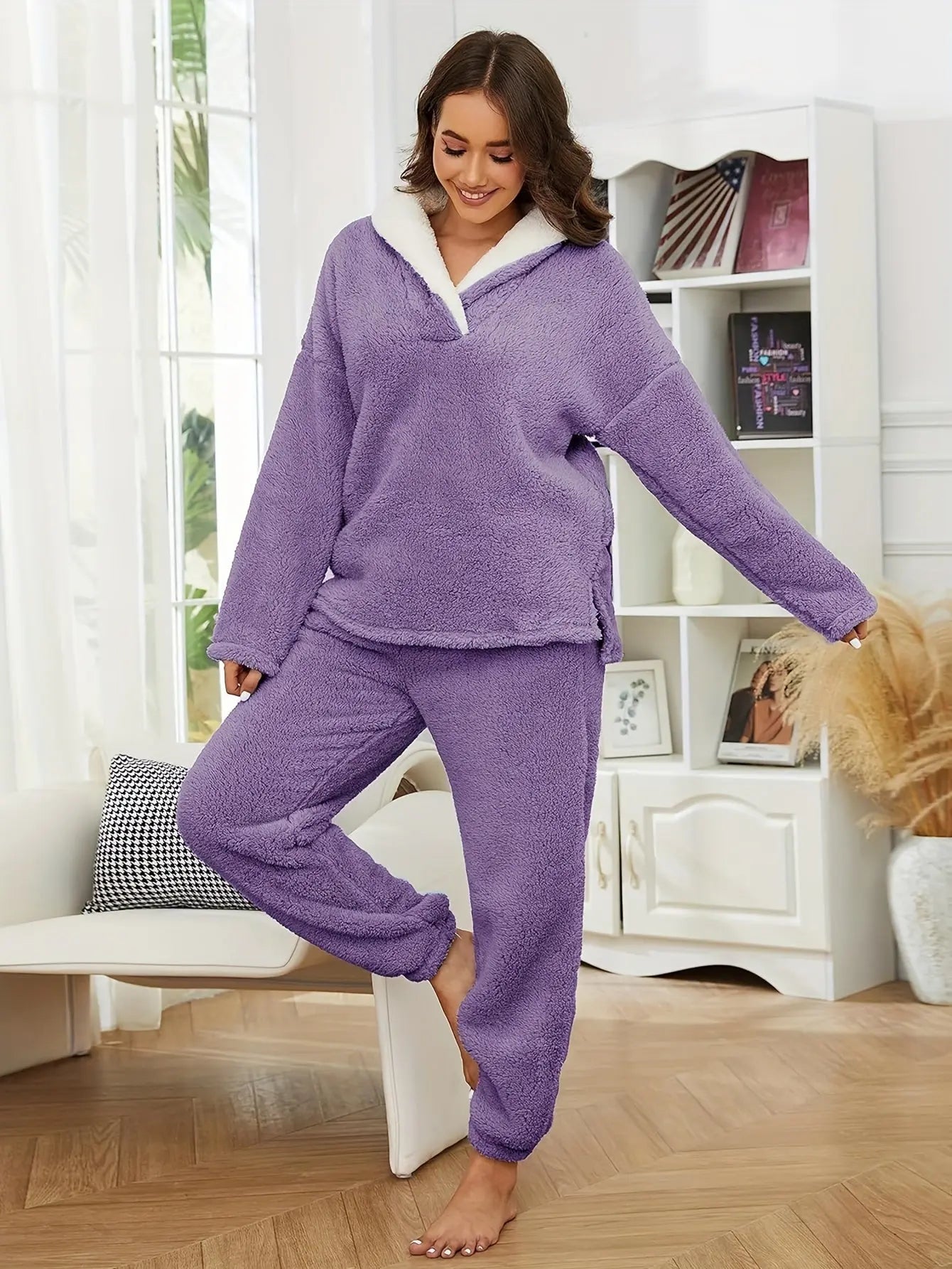 Women's Fluzzy Fleece Pajamas Warm Pullover Lapel Sleepwear Sets MyFave Boutique