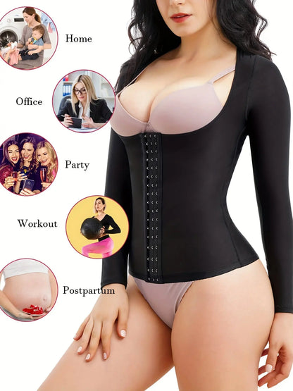 Front Buckle Shaping Tops, Waist Trainer Tummy Control Slimmer Long Sleeve Top, Women's Underwear & Shapewear MyFave Boutique