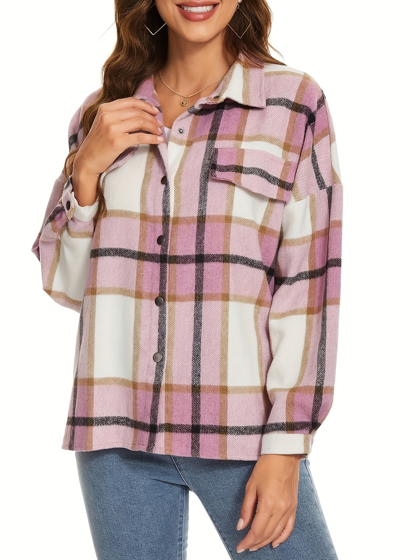 Plaid Pattern Button Up Shirt Jacket, Casual Turndown Collar Long Sleeve Outwear With Pocket, Women's Clothing MyFave Boutique