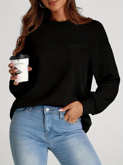 New Fashion Autumn/Winter Women's Casual Texture Long Sleeve Top Loose Commuter Round Neck Hoodie With Pocket MyFave Boutique