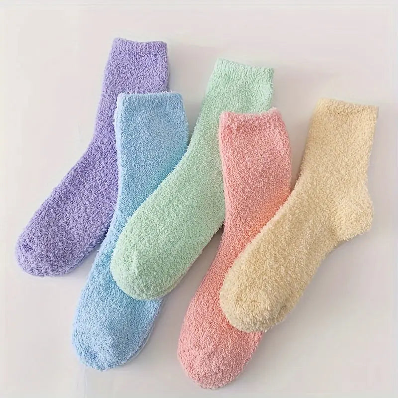 5/10 Pairs Solid Coral Fleece Socks, Simple & Warm Mid Tube Socks For Fall & Winter, Women's Stockings & Hosiery MyFave Boutique