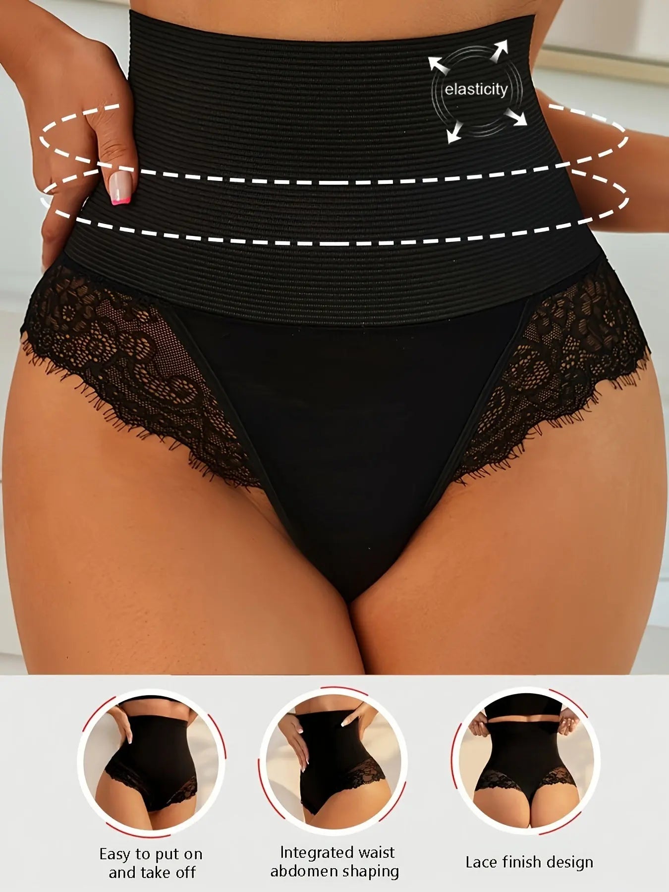 Lace Contrast Plain Elegant Shaping Panties, High Waist Tummy Control Breathable Panties, Women's Underwear & Shapewear MyFave Boutique