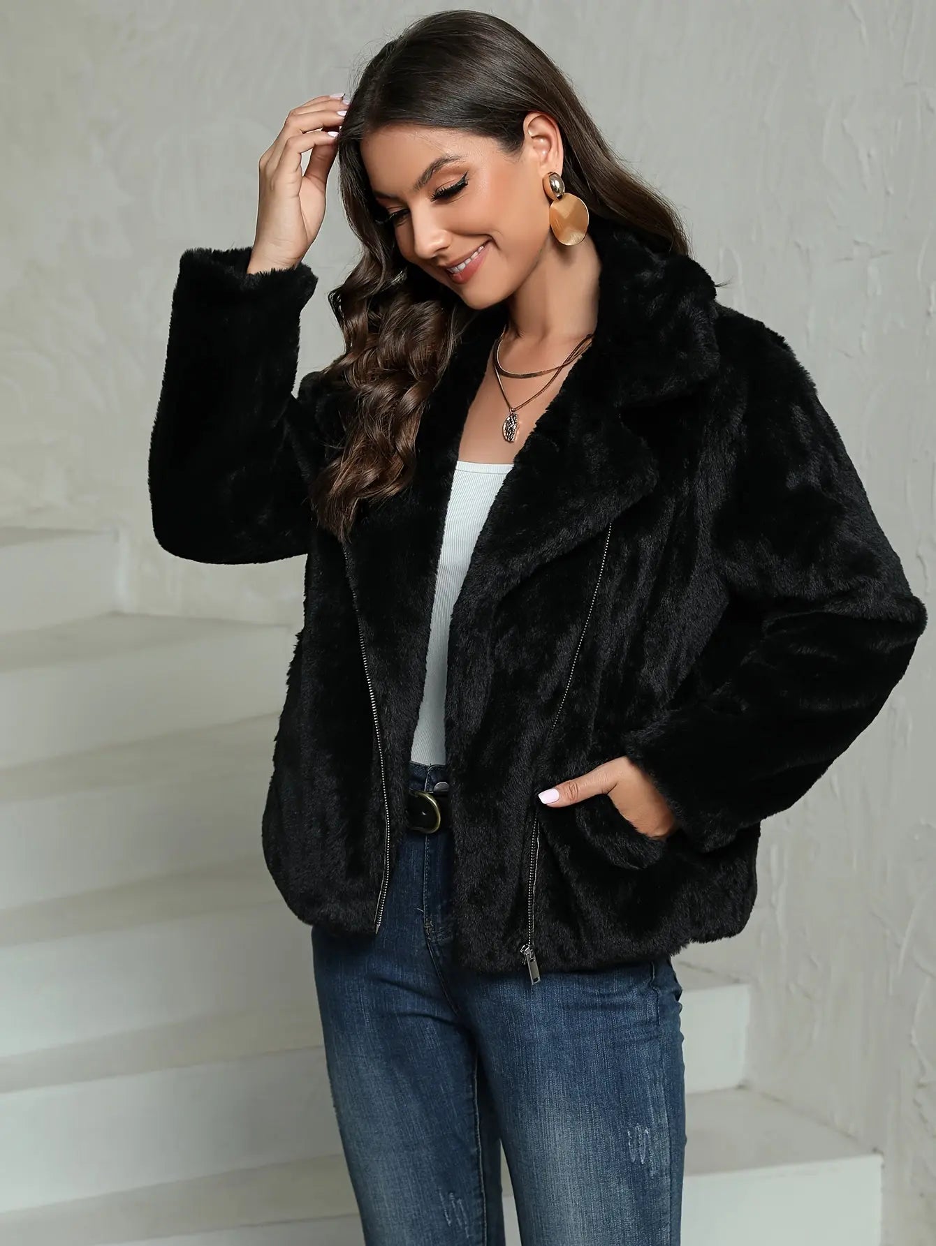 Fuzzy Slanted Zipper Coat, Elegant Solid Long Sleeve Warm Outerwear, Women's Clothing MyFave Boutique