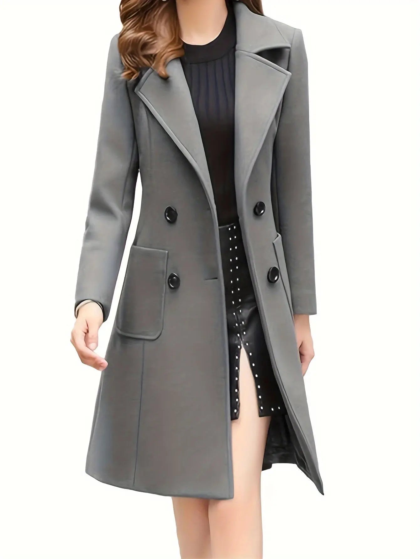 Women Winter Mid Long Coat Notch Double-Breasted Lapel Jacket Outwear MyFave Boutique