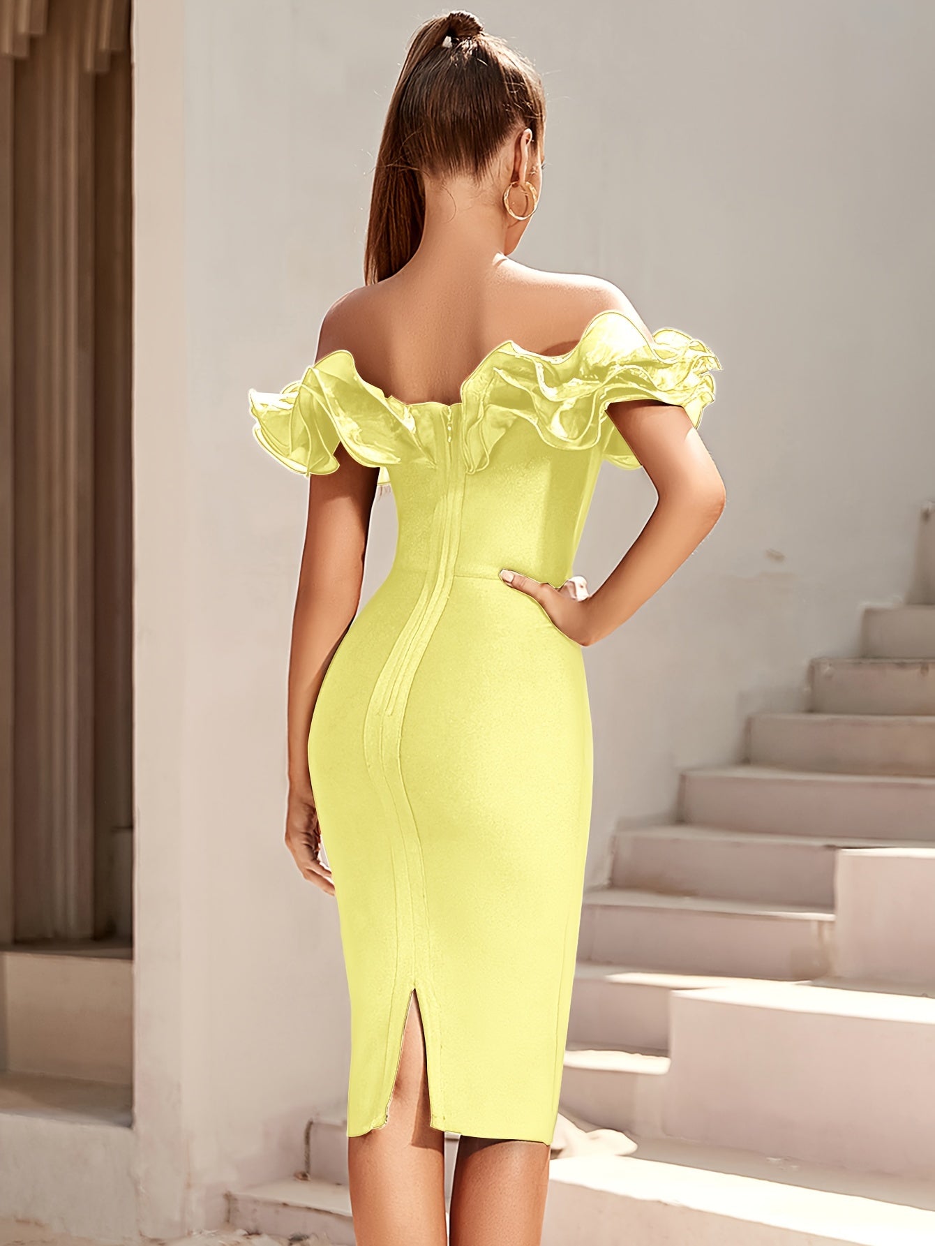 Off Shoulder Zipper Ruffle Trim Dress, Bodycon Elegant Dress For Party & Banquet, Women's Clothing MyFave Boutique