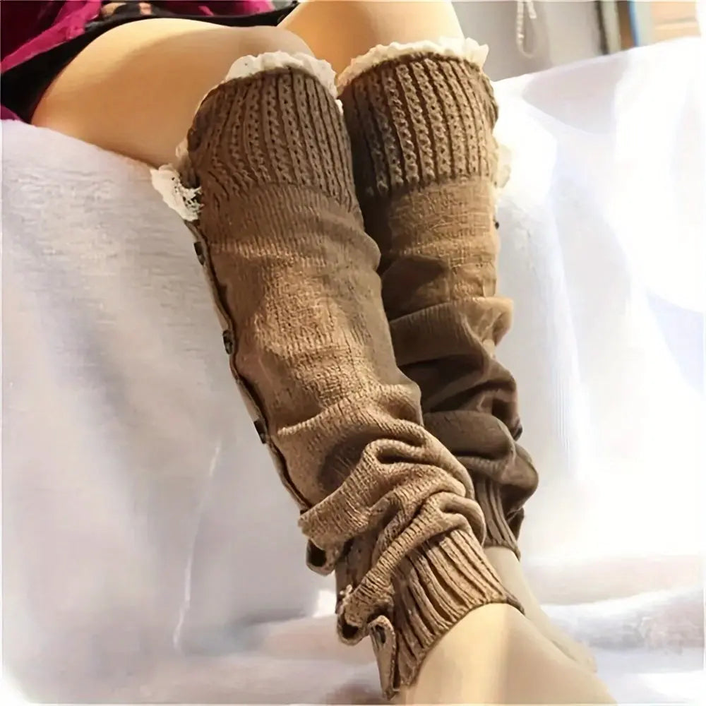 Women's Cashmere Blend Leg Warmers - 1 Pair High Elasticity Knee-Length Knitted Leg Warmers with Lace Detail, Machine Washable, Solid Color Footless Design MyFave Boutique