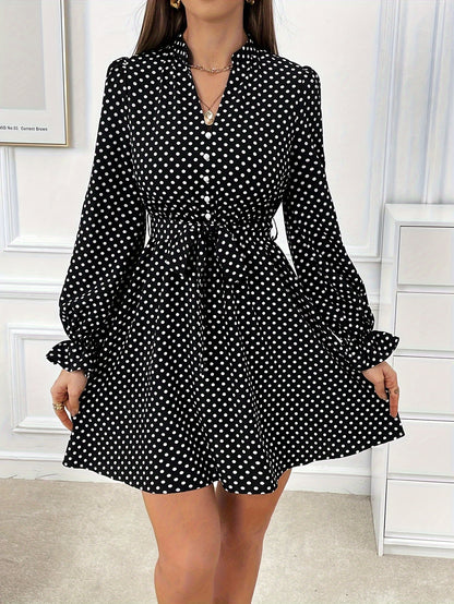 Polka Dot Tie Waist Dress, Elegant Notched Neck Long Sleeve Dress For Spring & Fall, Women's Clothing MyFave Boutique