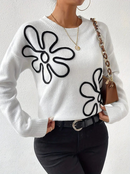 Floral Pattern Crew Neck Sweater, Elegant Drop Shoulder Long Sleeve Sweater For Fall & Winter, Women's Clothing MyFave Boutique